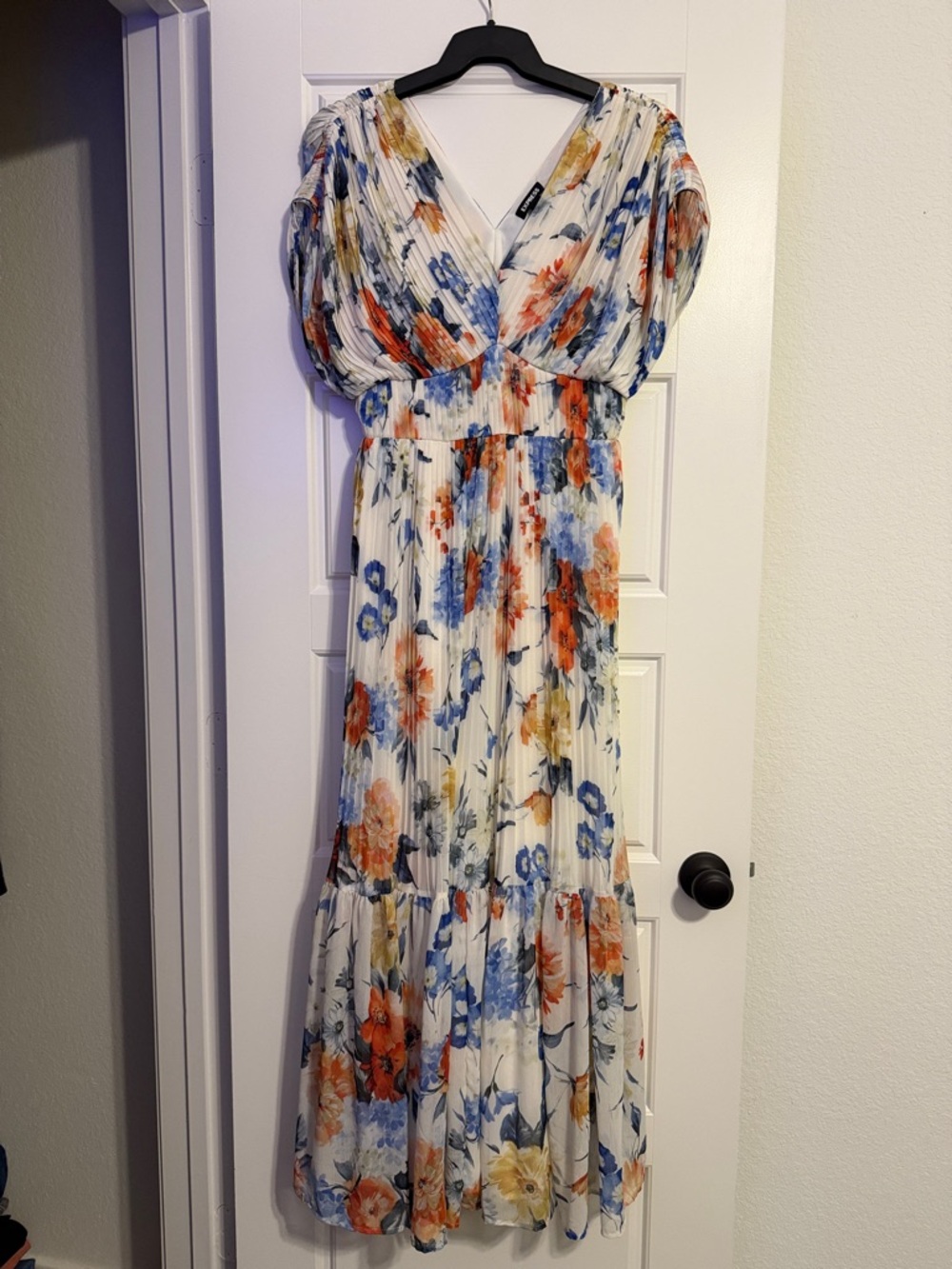 Express White Floral Pleated V-Neck Maxi Dress - Blue, Orange, Yellow